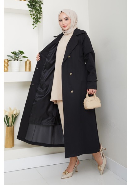 Kadın Düğmeli Kuşaklı Siyah Trençkot fiyatları