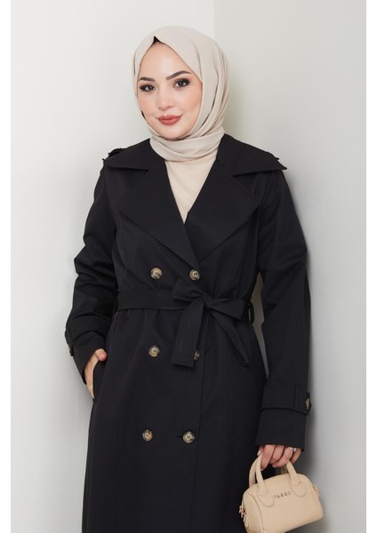 Kadın Düğmeli Kuşaklı Siyah Trençkot modelleri