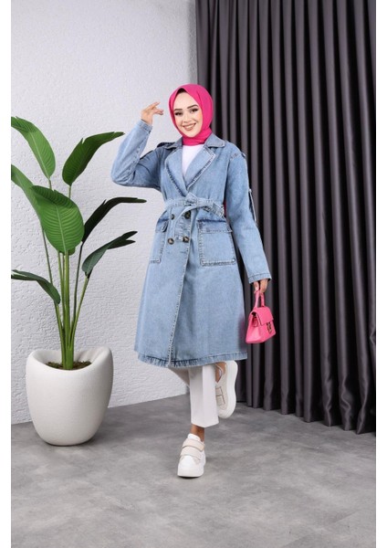 Kadın Cepli Düğmeli Kot Trençkot