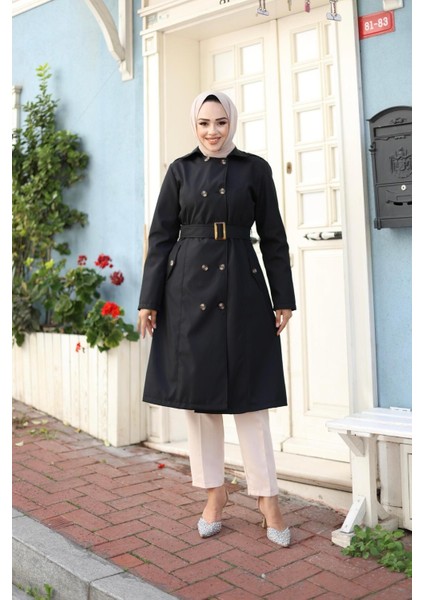 Kadın Kemerli Düğmeli Trençkot