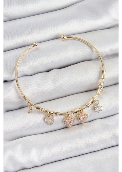 Pirinç Zirkon Taşlı Pembe Kalp Model Gold Renk Charm Bileklik