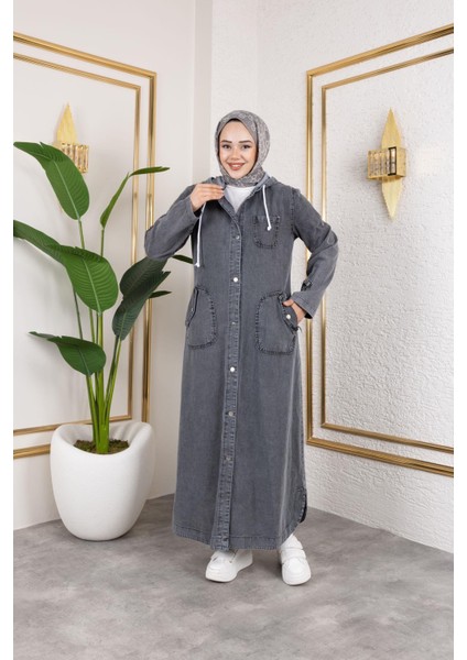 Kadın Cepli Düğmeli Kapüşonlu Denim Kot Trençkot fiyatları