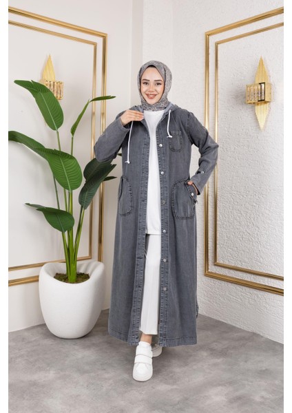 Kadın Cepli Düğmeli Kapüşonlu Denim Kot Trençkot modelleri