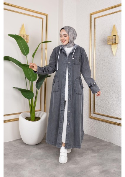Kadın Cepli Düğmeli Kapüşonlu Denim Kot Trençkot fırsatları