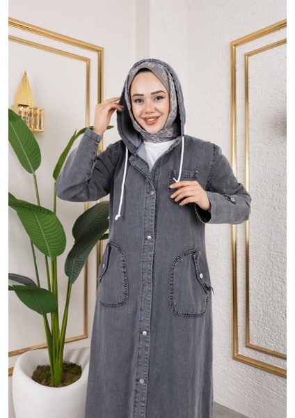 Kadın Cepli Düğmeli Kapüşonlu Denim Kot Trençkot indirimleri