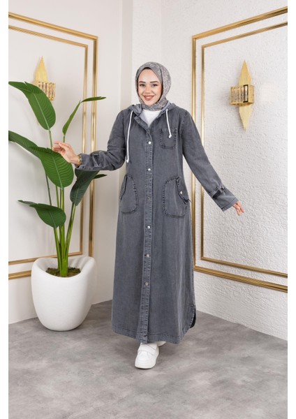 Kadın Cepli Düğmeli Kapüşonlu Denim Kot Trençkot