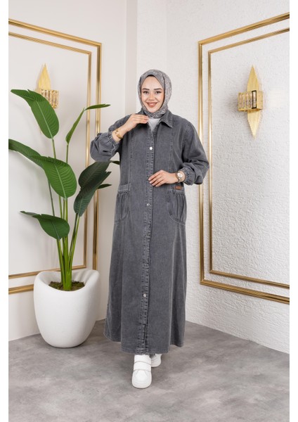 Kadın Düğmeli Cepli Kar Yıkamalı Denim Kot Kap