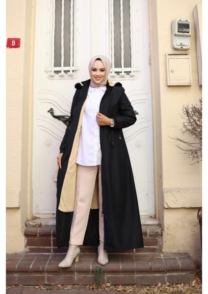 Kadın Fermuarlı Cepli Kapüşonlu Bondit Mont