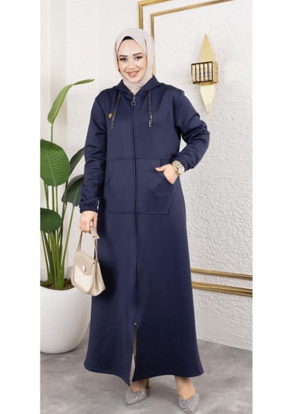 Kadın Cepli Kapüşonlu Zincir Detaylı Scuba Kumaş Kap