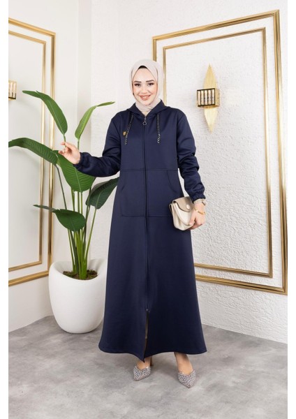 Kadın Cepli Kapüşonlu Zincir Detaylı Scuba Kumaş Kap modelleri