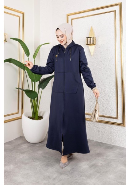 Kadın Cepli Kapüşonlu Zincir Detaylı Scuba Kumaş Kap indirimleri