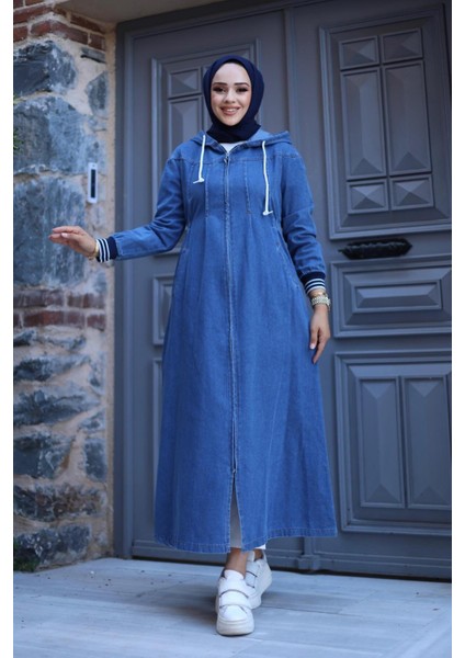 Kadın Fermuarlı Cepli Kapüşonlu Kol Ribanalı Denim Kot Kap