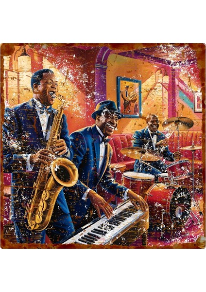 Jazz Temalı Müzisyenler Uv Baskılı Alüminyum Dekoratif Tabela – Vintage Tarz Duvar Levhası – Müzik Konseptli Metal Levha