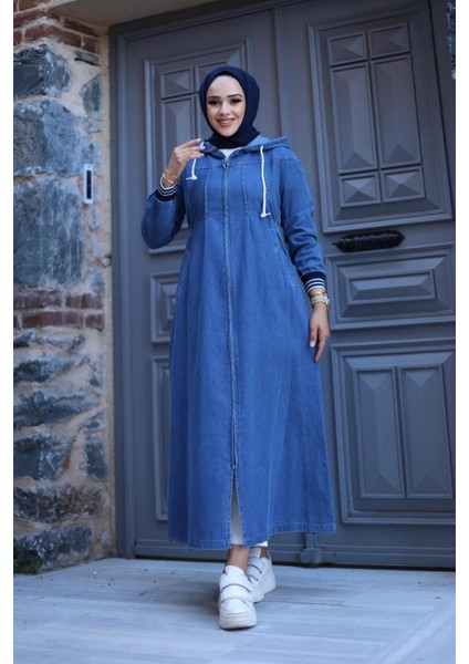 Kadın Fermuarlı Cepli Kapüşonlu Kol Ribanalı Denim Kot Kap fiyatları