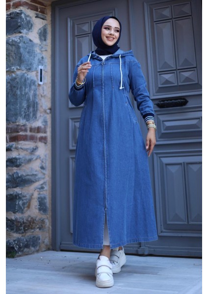 Kadın Fermuarlı Cepli Kapüşonlu Kol Ribanalı Denim Kot Kap modelleri
