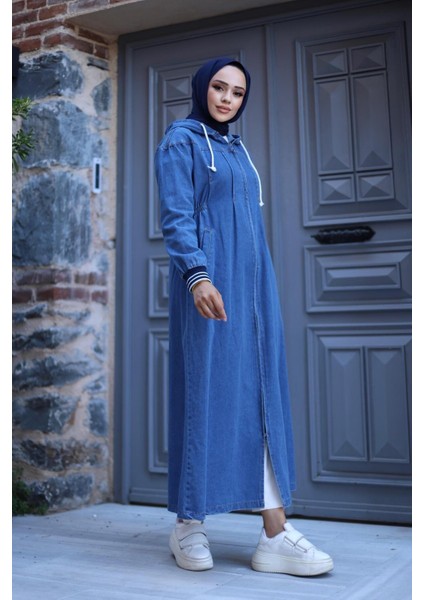 Kadın Fermuarlı Cepli Kapüşonlu Kol Ribanalı Denim Kot Kap fırsatları