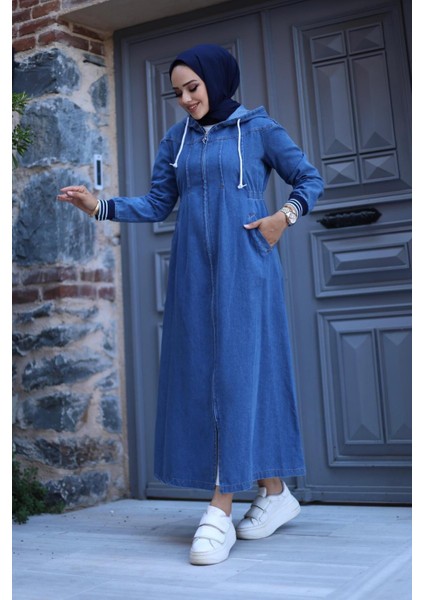 Kadın Fermuarlı Cepli Kapüşonlu Kol Ribanalı Denim Kot Kap indirimleri