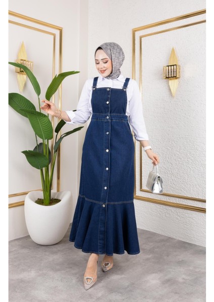 Kadın Askılı Eteği Fırfırlı Kot Salopet