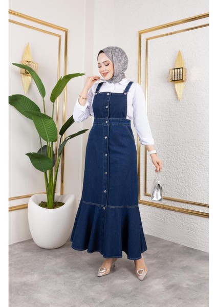 Kadın Askılı Eteği Fırfırlı Kot Salopet