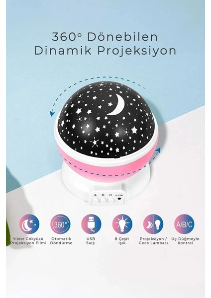 Elite Gece Lambası Tavana Işık Yansıtan Dönen Yıldız Ay Projeksiyon Çocuk ve Genç Odası Lamba Işık Küresi 1 Adet