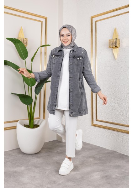 Kadın Boncuk Işlemeli Denim Kot Ceket