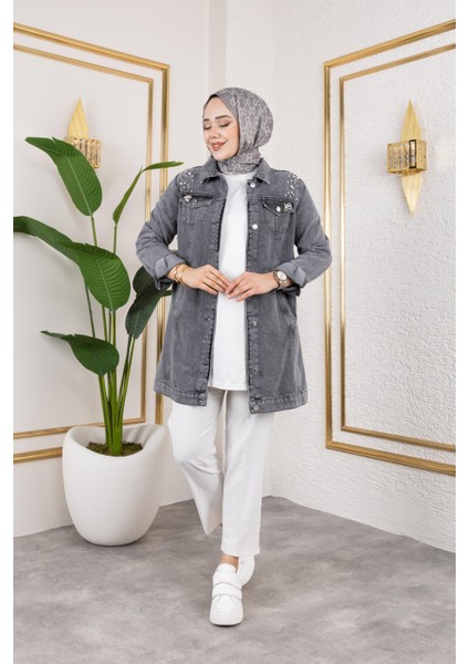 Kadın Boncuk Işlemeli Denim Kot Ceket