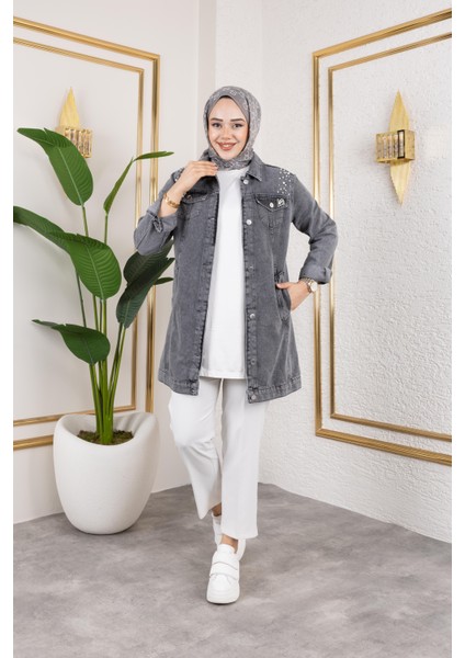 Kadın Boncuk Işlemeli Denim Kot Ceket
