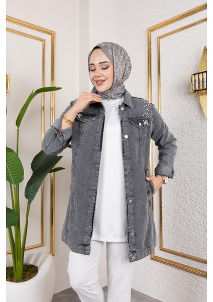 Kadın Boncuk Işlemeli Denim Kot Ceket