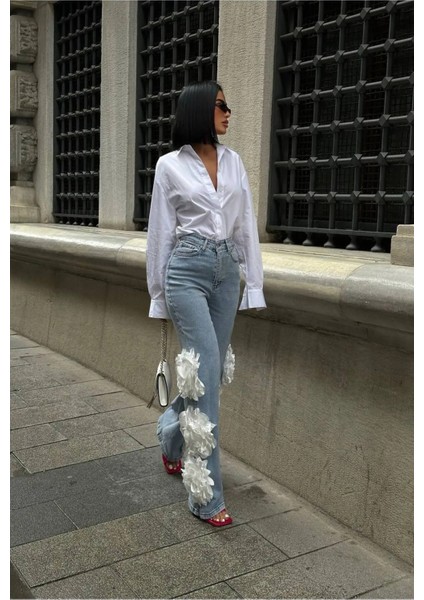 Kadın 3 Boyutlu Gül Detaylı Palazzo Relax Kalıp Yüksek Bel Bol Paça Denim Jean