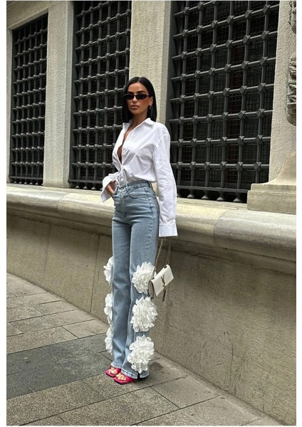 Kadın 3 Boyutlu Gül Detaylı Palazzo Relax Kalıp Yüksek Bel Bol Paça Denim Jean