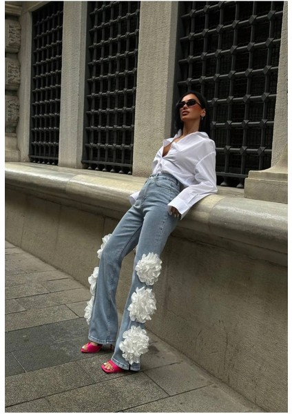 Kadın 3 Boyutlu Gül Detaylı Palazzo Relax Kalıp Yüksek Bel Bol Paça Denim Jean fiyatları