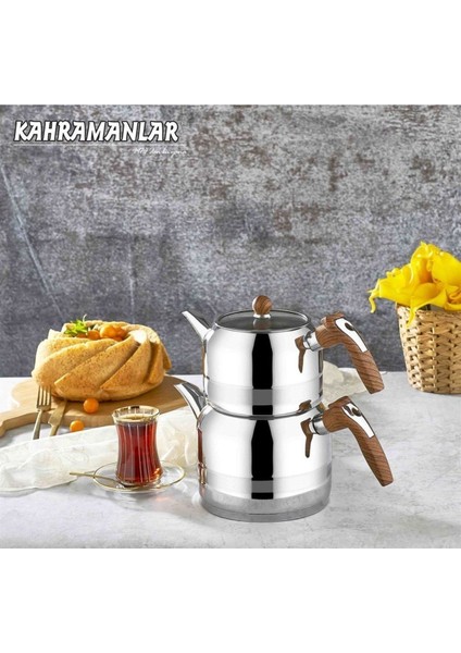 Elite Kahramanlar Yağmur En Büyük Boy Ahşap Saplı Cam Kapaklı Çelik Çaydanlık 1.80/2.80LT 1 Adet