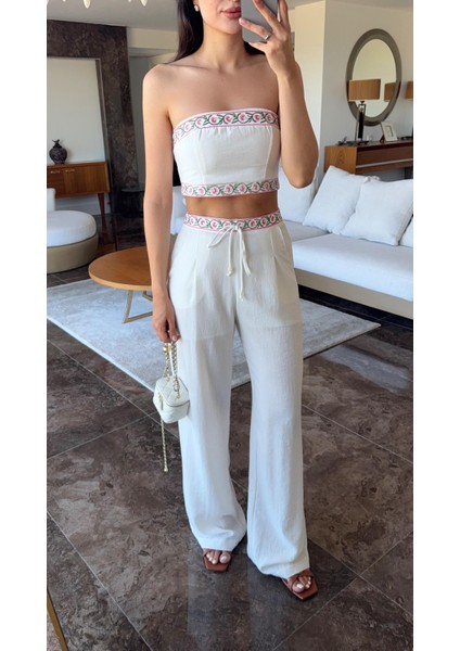 Pembe Nakışlı Crop-Pantolon Takım modelleri