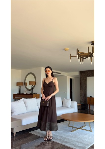 Kontrast Dikişli Ip Askılı Kahve Elbise modelleri