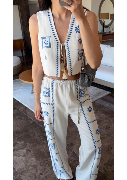 Mavi Nakışlı Keten Takım modelleri