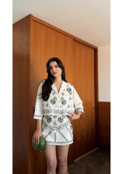 Nakışlı Keten Etek-Gömlek Takım