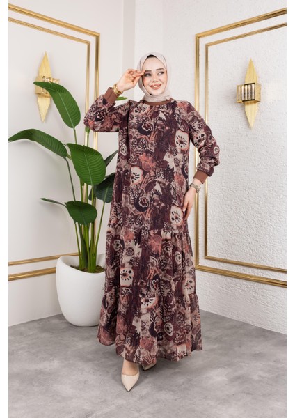 Kadın Astarlı Şifon Desenli Elbise modelleri