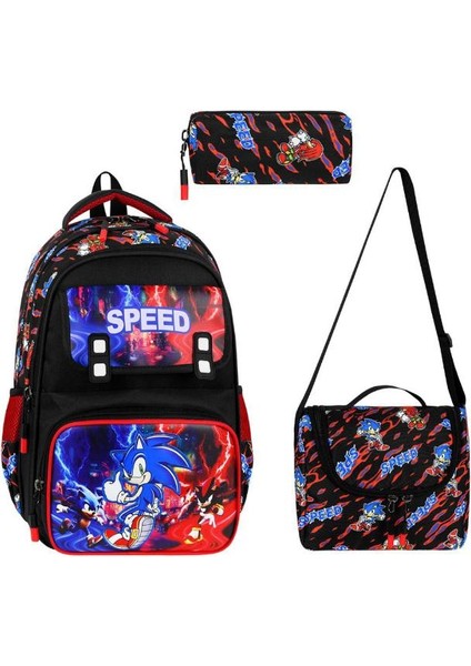 Ilkokul Çantası Sonic 3'lü Set 42*30 cm Beslenme Çantası Kalem Kutusu Ortopedik Erkek Çocuk
