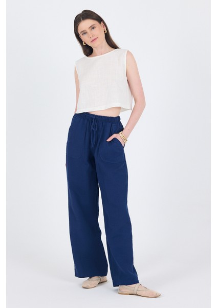 Laci Keten Görünümlü %100 Pamuk Cepli Bol Paça Pantolon 8054A