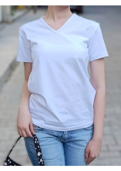 Clemantıs Kadın Organik Pamuk V Yaka Kısa Kollu Body Yüksek Kalite Düz Renk