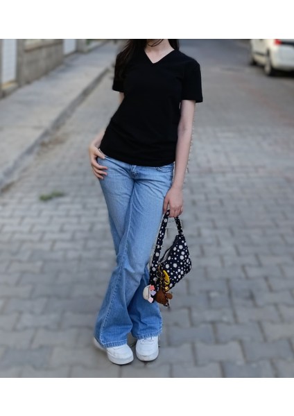 Clemantıs Kadın Organik Pamuk V Yaka Kısa Kollu Body Yüksek Kalite Düz Renk
