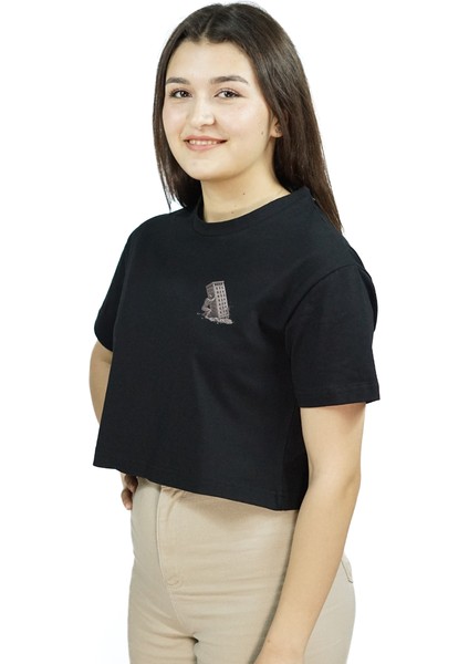 Structura Mortis | Siyah Renk Baskılı Crop | Oversize fırsatları