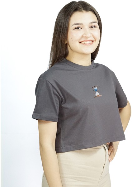Aqua-Nihil | Gri Renk Baskılı Crop | Oversize modelleri