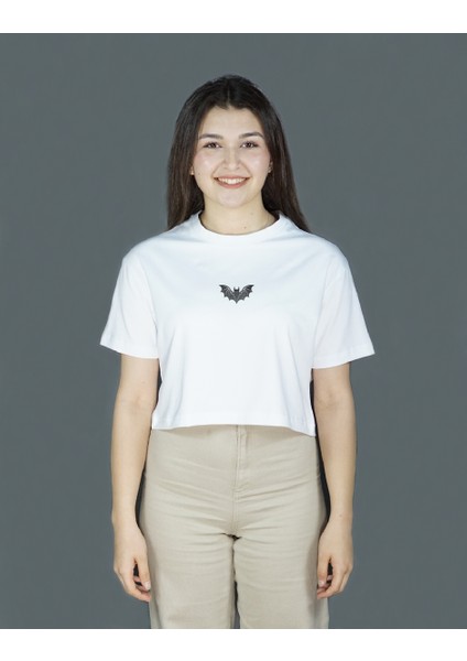 Nocturnis | Beyaz Renk Baskılı Crop | Oversize fiyatları
