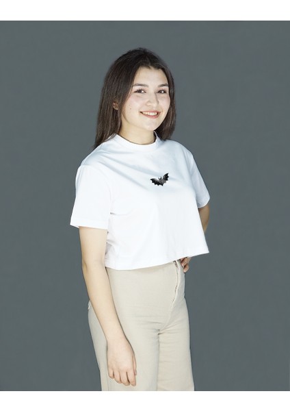 Nocturnis | Beyaz Renk Baskılı Crop | Oversize modelleri
