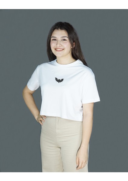 Nocturnis | Beyaz Renk Baskılı Crop | Oversize fırsatları