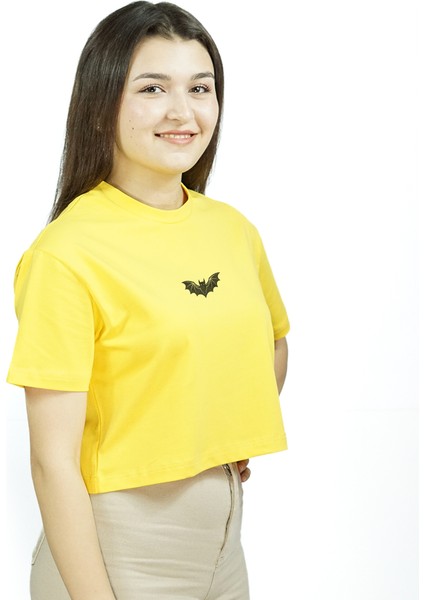 Nocturnis | Sarı Renk Baskılı Crop | Oversize modelleri