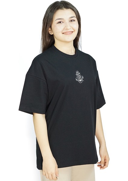 Anchoris | Siyah Renk Baskılı Kadın T-Shirt | Oversize modelleri
