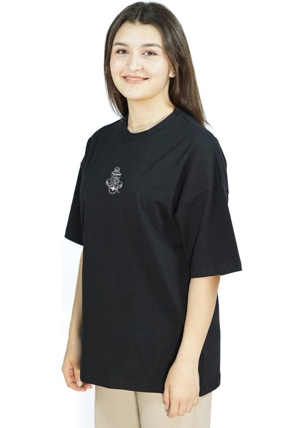 Anchoris | Siyah Renk Baskılı Kadın T-Shirt | Oversize fırsatları