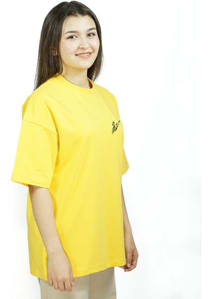 Skyperch | Sarı Renk Baskılı Kadın T-Shirt | Oversize modelleri